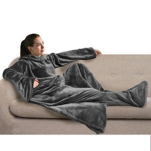 PAVILIA Wearable Blanket with Sleeves and Foot Pockets, Fleece Warm Snuggle Pocket Sleeved Throw for Women Men Adults - 1 of 4