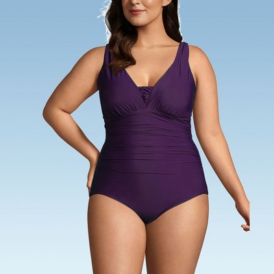 Lands' End Women's SlenderSuit Grecian Tummy Control Chlorine Resistant One Piece Swimsuit