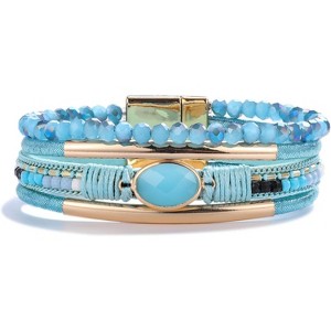 Leather Wrap Bracelet with Crystal Beads & Stone Charm, Boho Cuff with Clasp for Women - 1 of 4