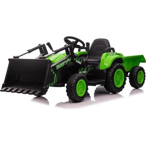 12V Kids Ride-On Excavator Tractor w/Trailer & Shovel, Remote Control, Music, LED Lights, Horn, Detachable Bucket - 1 of 4