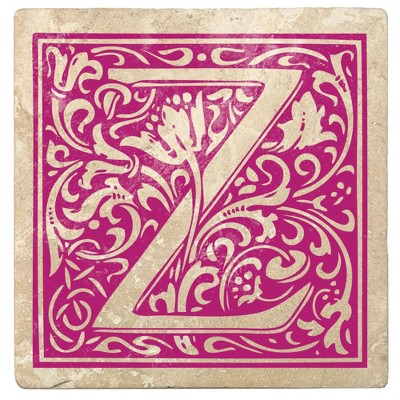 Christmas by Krebs Set of 4 Ivory and Tutti Frutti Pink "Z" Square Monogram Coasters 4"