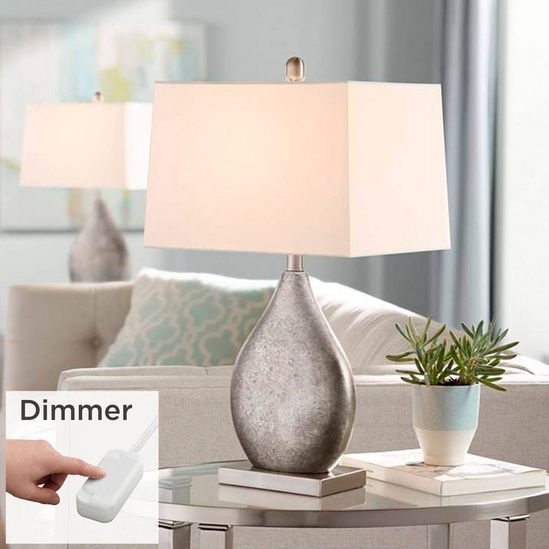360 Lighting Royce Modern Table Lamps 24 1/2" High Set of 2 Silver Metal Teardrop with Table Top Dimmers Off White Rectangular Shade for Bedroom House, 2 of 8