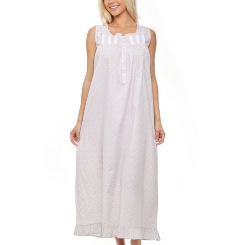 ADR Women's Cotton Victorian Nightgown with Pockets, Clara Sleeveless  Button Up Long Night Dress White Floral on Gray X Small