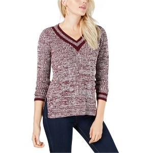 maison Jules Womens Striped Trim Pullover Sweater, Red, X-Large - 1 of 1