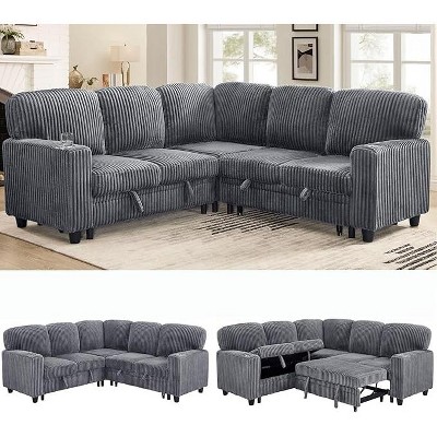 81" Convertible Corduroy Couch 5-Seat L-Shape Sofa Bed Sleeper Couch with Storage USB-C Cup Holders Memory Foam for Living Room