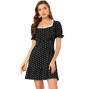 Allegra K Women's Summer Sweetheart Neck Ruffled Hem Puff Short Sleeve Polka Dots Dress - 1 of 4