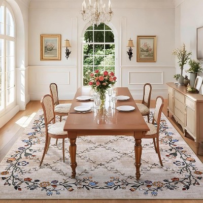 Acekool Washable Floral Area Rug, Non-Slip Low Pile Soft Carpet, Stain Resistant Indoor Rug for Living Room, Bedroom, Dining Room