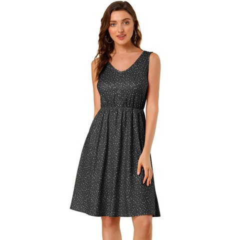 Женские платья INSPIRE CHIC Women's Midi Polka Dots V-Neck Tie Drawstring Waist Sleeveless Dress Black Small