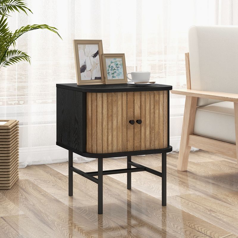 Costway Sliding Door Nightstand Mid-century Modern Storage End Table with Cabinet Black/Distressed White, 2 of 11
