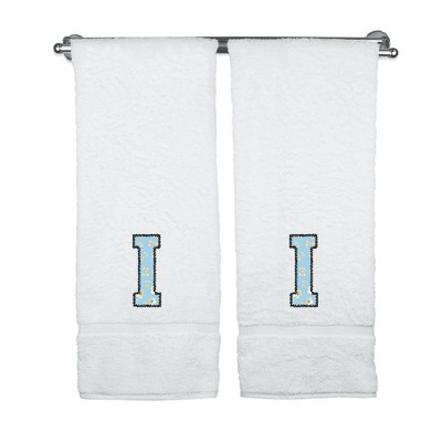 BC BARE COTTON Monogrammed Towels, Personalized Gift, Set of 2 - Embroidered Writing with Light Blue