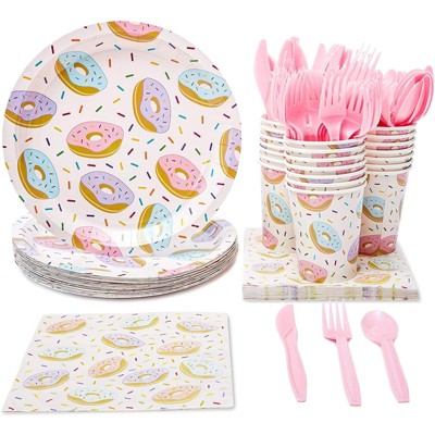 Juvale 144 Piece Disposable Dinnerware Set with Plates, Napkins, Cups, Cutlery for Donut Theme Party Decorations (Serves 24)