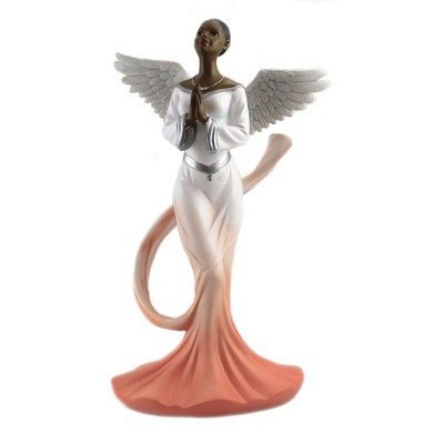 Black Art 11.75" Angel With Orange Sash Prayer Wings Religious  -  Decorative Figurines