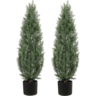 Set of 3FT Artificial Cedar Topiary Trees for Outdoors - Potted Fake Cypress Trees for Home Porch Decor - Faux Evergreen Plants for Front Door