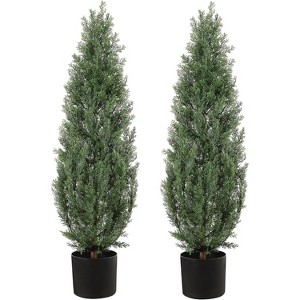 Set of 3FT Artificial Cedar Topiary Trees for Outdoors - Potted Fake Cypress Trees for Home Porch Decor - Faux Evergreen Plants for Front Door - 1 of 4