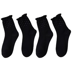 Anna-Kaci Women's 4 Pairs Knit Socks with Polka Dot Design Ruffle Edge Ribbed Cuffs Soft Stretch Fabric - 1 of 4