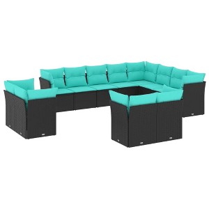 vidaXL 12-Piece Patio Sofa Set with Cushions | Black PE Rattan | Modular Garden Furniture | Outdoor Terrace Seating | Blue Removable Cushion Covers - 1 of 4