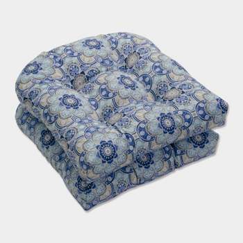 Set of 2 Outdoor/Indoor Wicker Seat Cushions Keyzu Medallion Mariner Blue - Pillow Perfect