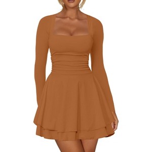 Long Sleeve Corset Mini Dress with Square Neck & Ruffle Hem, Ruched Waist Party Dress for Night Out, Cocktail, Dinner Date Brown - 1 of 4