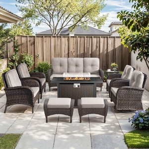 9 Pieces Outdoor Patio Furniture Set with Fire Pit Table, Outdoor Wicker Sofa with Swivel Chairs, All Weather High Back Rattan Couch Conversation Set - 1 of 4