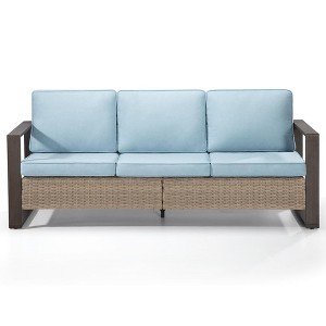 COWLOWN Light Blue Patio Wicker Sofa 3-Seater, Outdoor Rattan Couch with Thick Cushions & Armrests, Modern Garden Furniture for Porch, Balcony, Deck - 1 of 4
