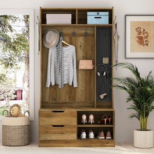 NicBex Coat and Shoe Rack Entryway Hall Tree with Bench with 6 Hooks, 2 Drawers, 4 Open Shelves with a Pegboard on the Right, Brown - 1 of 4
