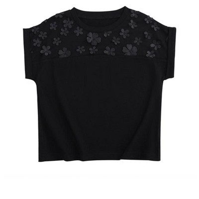 Girls Short Sleeve T-Shirt Top Solid Roll Up Cuffs Crew Neck Fashion Tees with Spliced 3D Floral 3-12Y
