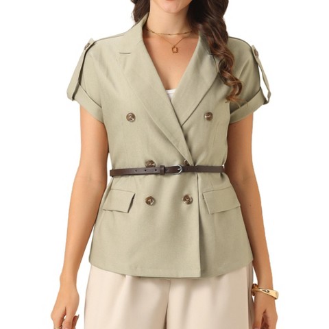 INSPIRE CHIC Women's Summer Short Sleeve Double Breasted Work Blazer with Belt Light Brown Medium