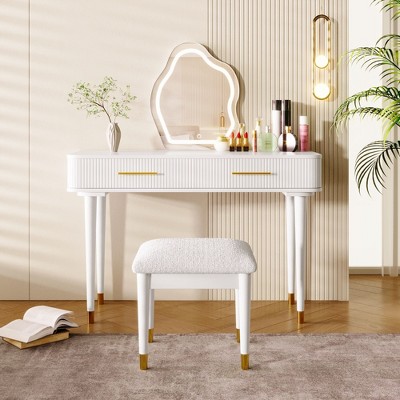 NicBex Vanity Desk with Mirror and Lights Dressing Table Set with 3 Adjustable Light and Round Mirror, Drawers, and 3 Open Shelves for Bedroom