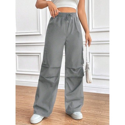 Women's Elastic Waist Cargo Pants - High-Rise Wide Leg Work Pants with Drawstring