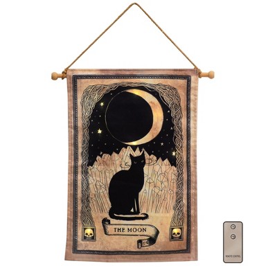 LumaBase Battery-Operated Lighted Wall Banner with Remote Control - Black Cat and Moon