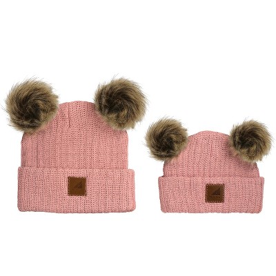 Image of Arctic Gear 2pk Matching Adult & Infant Cotton Cuff Winter Hats with Poms Rose Tan with Shepard Poms