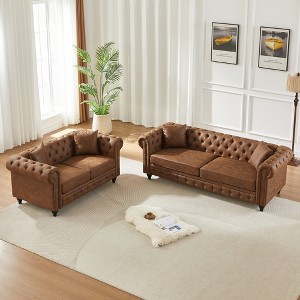 113'' Tech Fabric Chesterfield 3+2 Seater Sofa Set with Rolled Arms, Tufted Buttons and Wooden Legs - 1 of 4