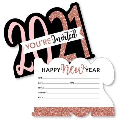 Big Dot of Happiness Rose Gold Happy New Year - Shaped Fill-In Invitations - 2021 New Year's Eve Party Invitation Cards with Envelopes - Set of 12