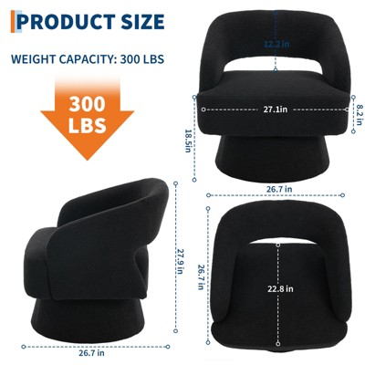 Product size infographic showing dimensions of a black swivel chair