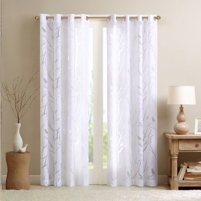 Burnout Bird Design Window Panel, Lightweight Sheer Fabric Silver Grommet Top Panel for Elegant Decor Style