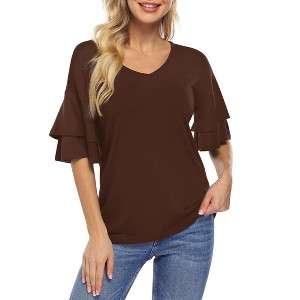 BLUEMING Womens Flutter Elbow Sleeve Shirts V Neck Tee Blouse Pagoda Sleeve T-Shirts Summer Tee Blouse Flowy Tops - 1 of 4