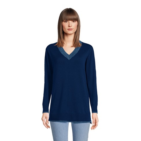 Lands' End Women's Fine Gauge Cotton V-neck Pullover Tunic Sweater - Stripe  - X-small - Navy/blue Marl Trims : Target