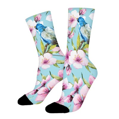 Blue Bird Spring Flowers Leaf Women Printed Crew Socks Funny Funky Socks Soft Polyester Novelty Gifts for Artists Men