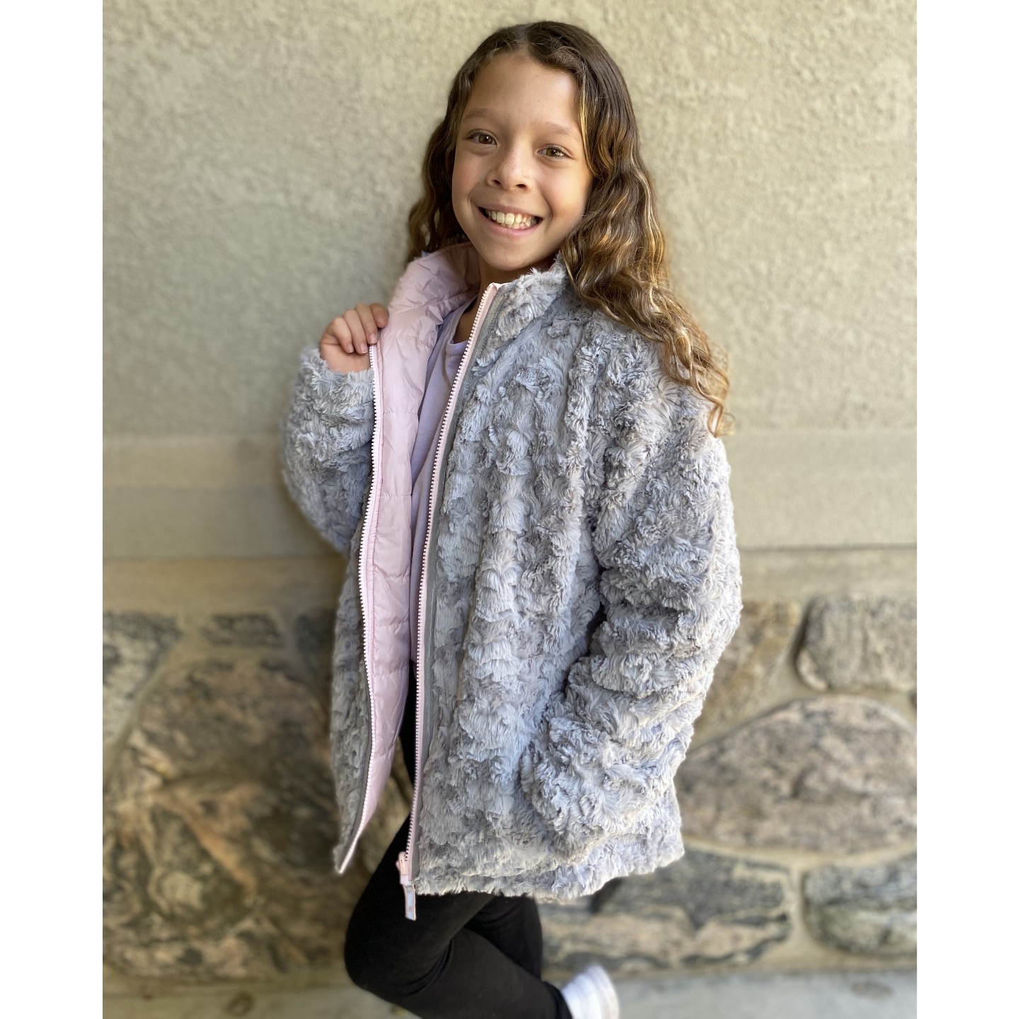 Куртка Rokka&Rolla Reversible Fleece Jacket Puffer Coat-Frost Gray/Chalk Pink, size 8 для девочек, цвет: Серый — фото 3