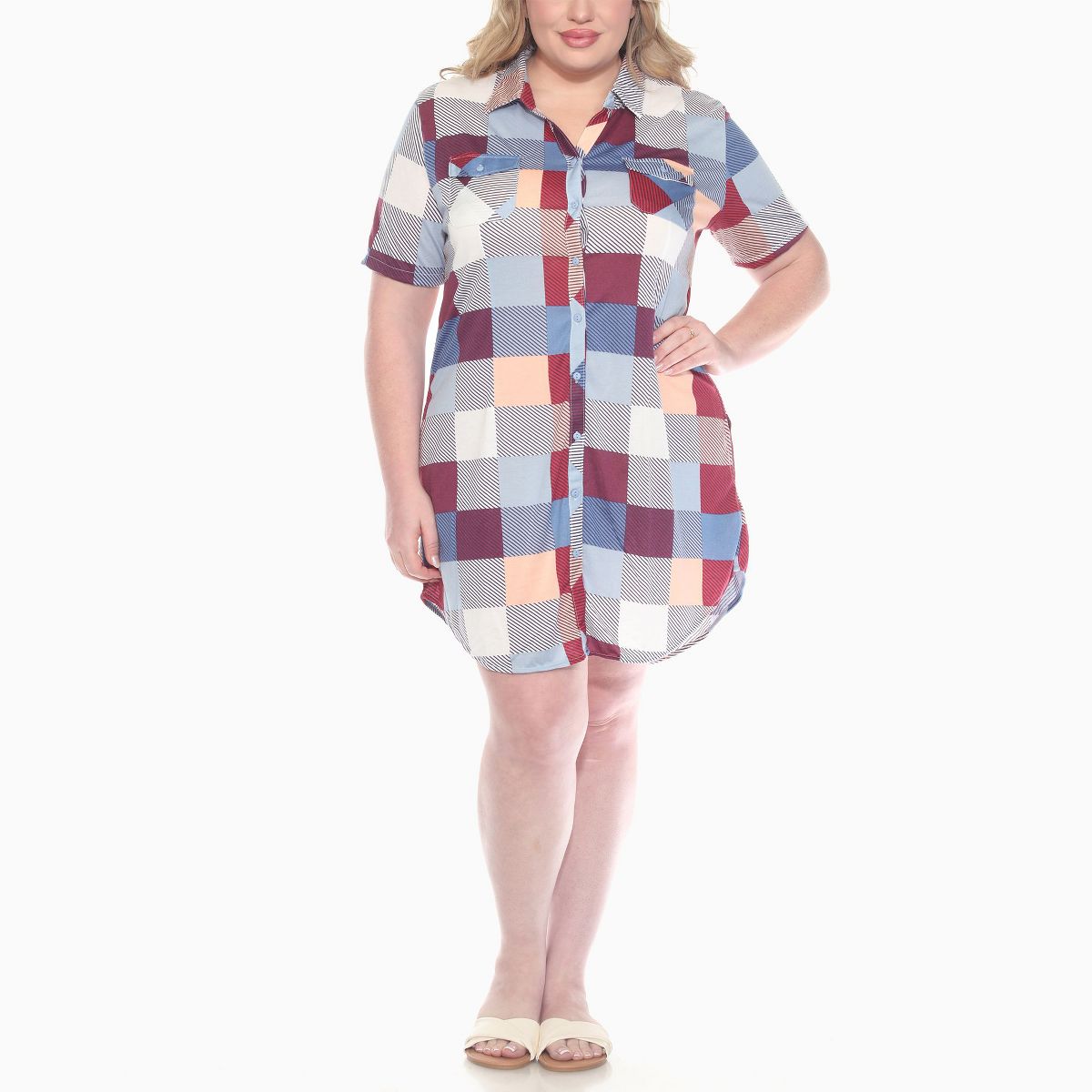 Plus Size Short Sleeve Plaid Button Down Shirt Dress -White Mark - thumbnail 10