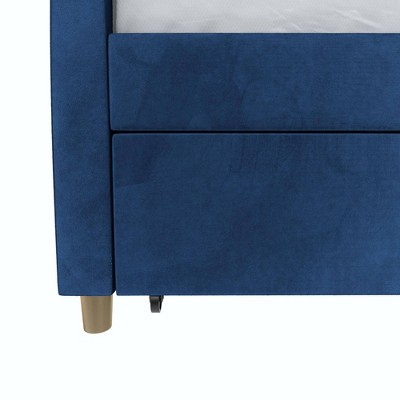 Twin Blue Velvet Upholstered Daybed with Trundle and Tufted Headboard
