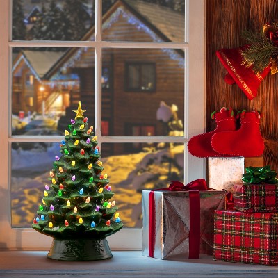 18" Green Ceramic Tabletop Christmas Tree with Multicolor LED Lights
