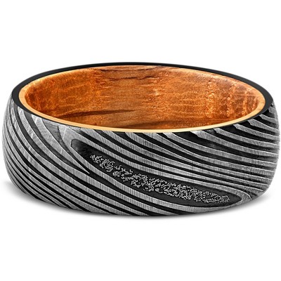 Pompeii3 Men's Tungsten & Whiskey Barrell 8mm Ring Damascus Pattern Wedding Band