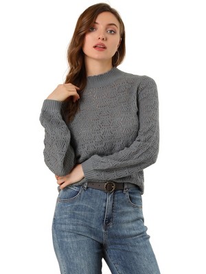 Allegra K Women's Ruffle Mock Neck Bishop Sleeve Knitted Ribbed Pullover Sweater