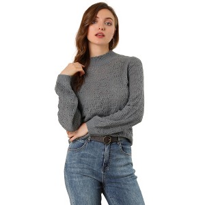 Allegra K Women's Ruffle Mock Neck Bishop Sleeve Knitted Ribbed Pullover Sweater - 1 of 4