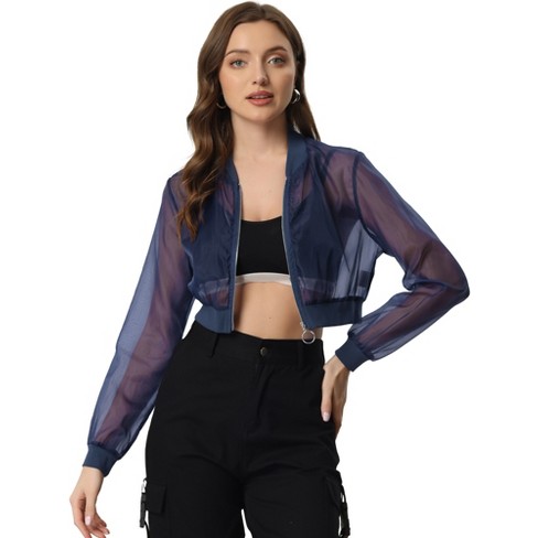 Allegra K Women's Long Sleeve Crop Sheer Mesh Bomber Jacket Blue