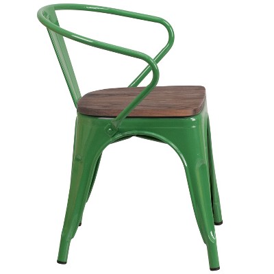 Rustic-Chic Green Metal Bistro Armchair with Wood Seat