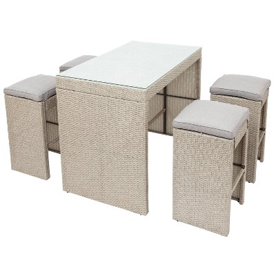 5pc Outdoor Rattan Set with Stools & Cushions - Brown - WELLFOR