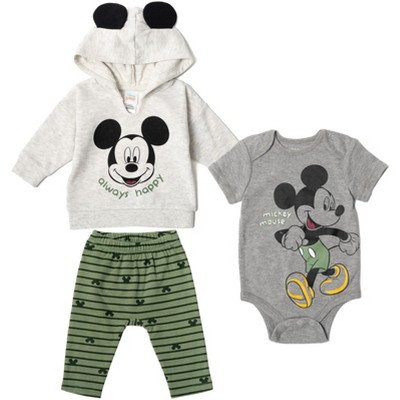 Disney Mickey Mouse Baby Fleece Pullover Hoodie Bodysuit and Pants 3 Piece Outfit Set Newborn to Infant 