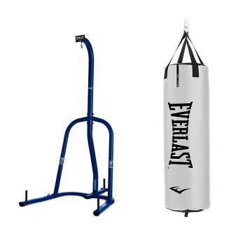 Everlast Single Station 100 Pound Punching Bag Stand and Elite 2 Nevatear 80 Pound Heavy Punching Bag w/Dual Hanging Strap, White